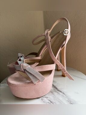 Stuart Weitzman Mega Bow Platform Heels Sandals Ankle Strap Pink suede Size 7B